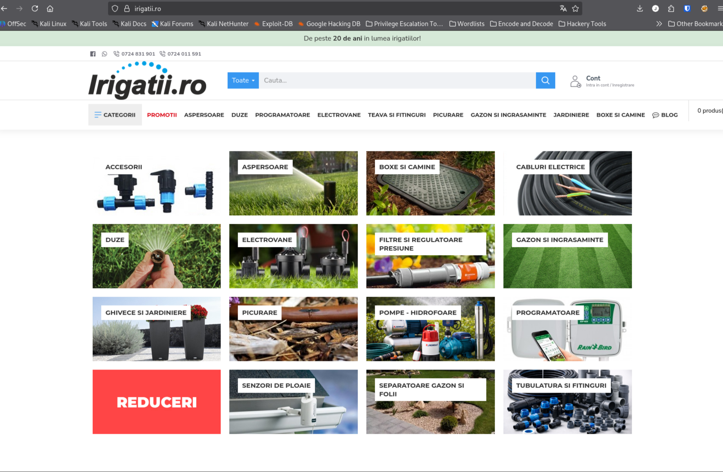 Irigatii.ro website homepage confirming Romanian irrigation business